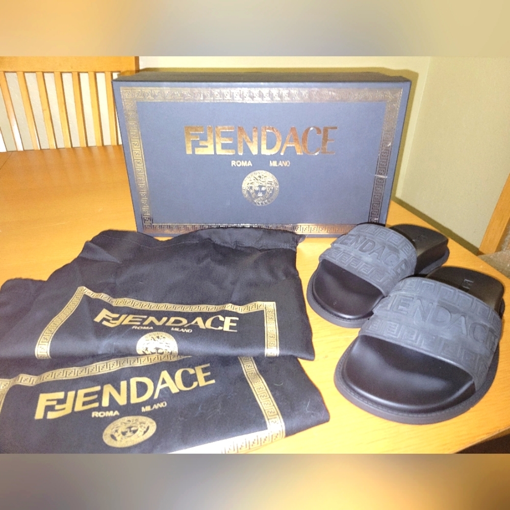 FENDACE Black Slides w37 FENDI X VERSACE collaboration